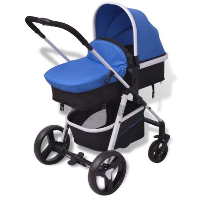 vidaXL Otroški voziček 3 v 1 aluminijast modre in črne barve