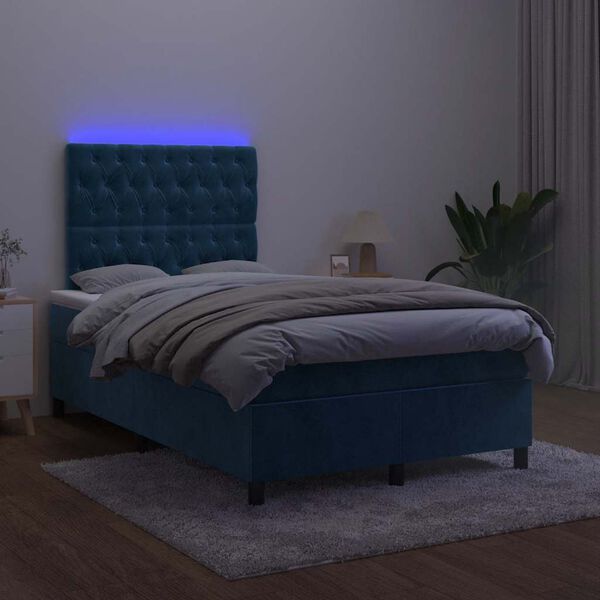 vidaXL Box spring postelja z vzmetnico LED tem. modra 120x190 cm žamet