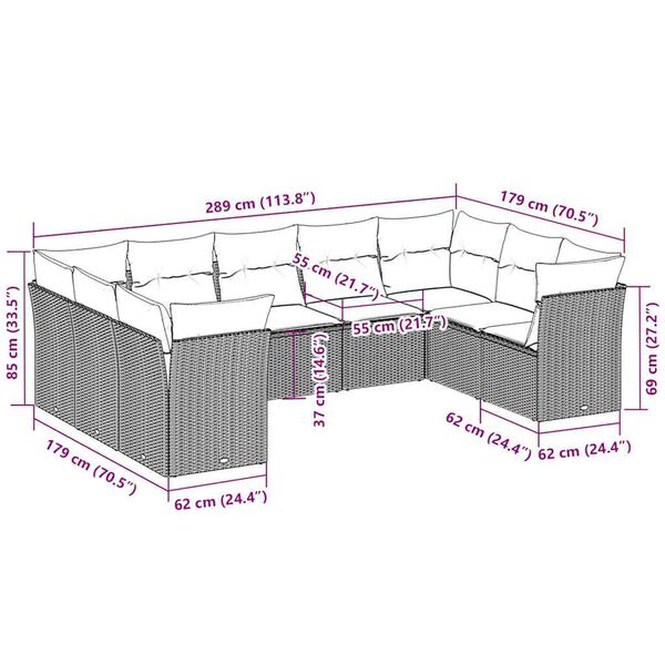 vidaXL Vrtna sedežna garnitura 9-delna z blazinami sv. siv poli ratan