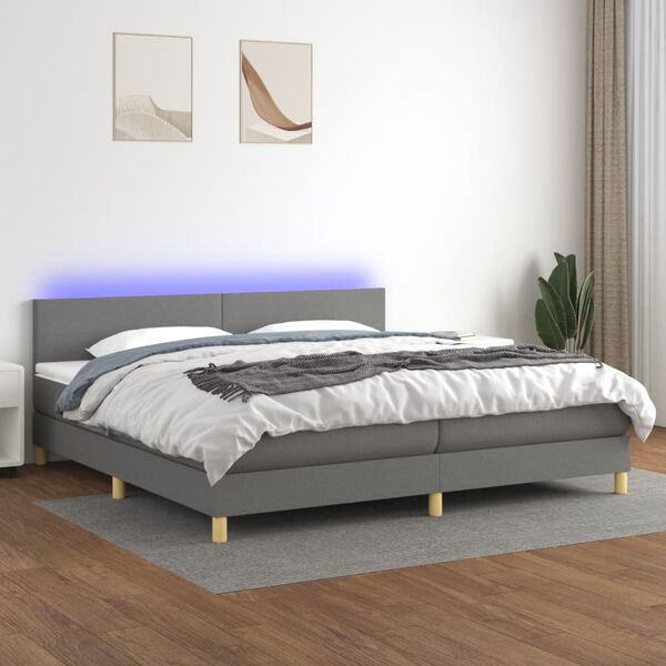 vidaXL Box spring postelja z vzmetnico LED temno siva 200x200 cm blago