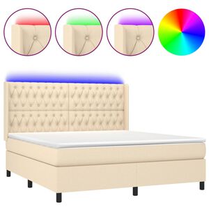 vidaXL Box spring postelja z vzmetnico LED krem 180x200 cm blago