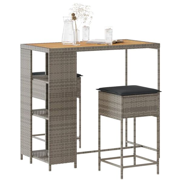 vidaXL Vrtna barska garnitura 3-delna z blazinami siv poli ratan