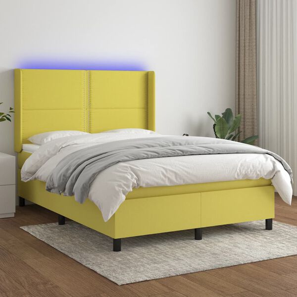 vidaXL Box spring postelja z vzmetnico LED zelena 140x200 cm blago