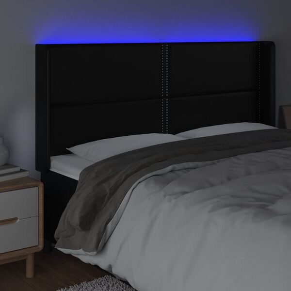 vidaXL LED posteljno vzglavje črno 163x16x118/128 cm umetno usnje