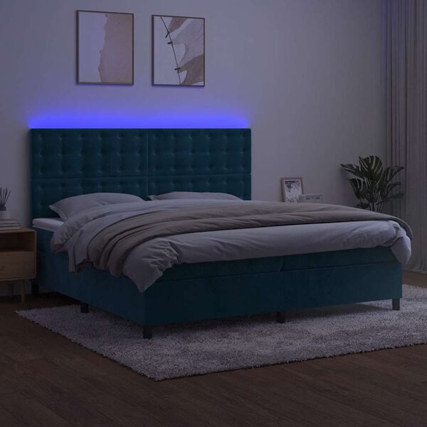 vidaXL Box spring postelja z vzmetnico LED temno modra 200x200cm žamet