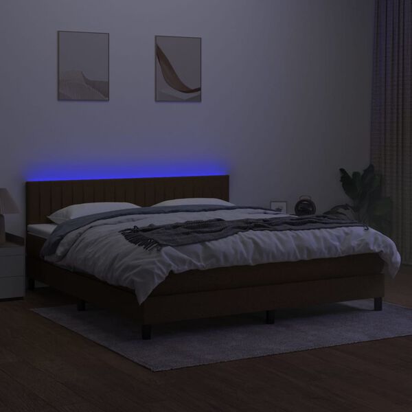 vidaXL Box spring postelja z vzmetnico LED temno rjava 180x200cm blago
