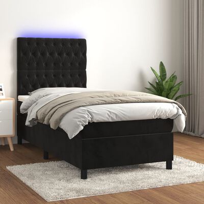 vidaXL Box spring postelja z vzmetnico LED črna 90x190 cm žamet