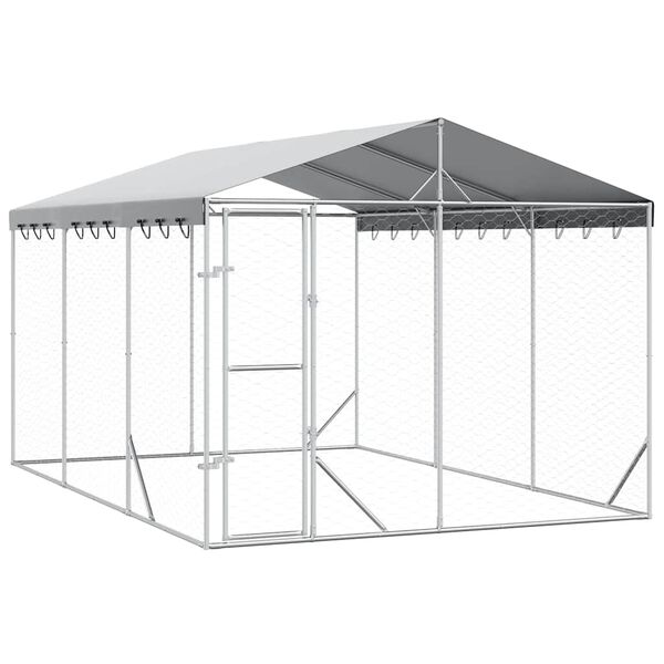 vidaXL Zunanja pasja ograda s streho srebrna 3x4,5x2,5 m pocink. jeklo