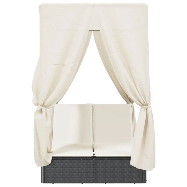 vidaXL Dvojni ležalnik s streho in zavesami črn poli ratan