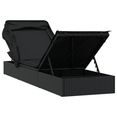 vidaXL Vrtni ležalnik z zložljivo streho črn 213x63x97 cm poli ratan