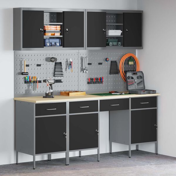 vidaXL Delovna omara s predalom 10 pcs Črna Inženirski les in jeklo