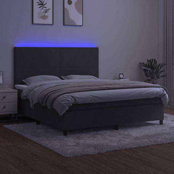 vidaXL Box spring postelja z vzmetnico LED temno siva 180x200 cm žamet