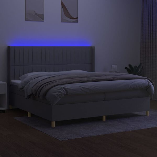vidaXL Box spring postelja z vzmetnico LED sv. siva 200x200 cm blago