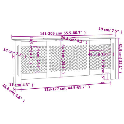 vidaXL Pokrov za radiator MDF bel 205 cm