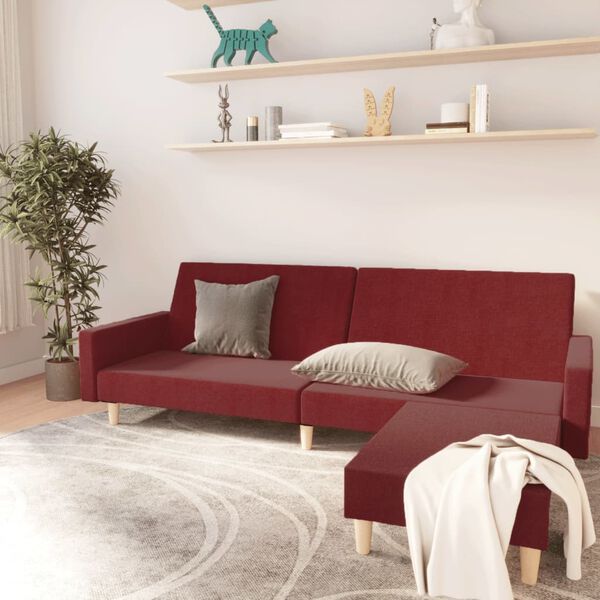 vidaXL Kavč dvosed z leži&scaron;čem in stolčkom vinsko rdeče blago