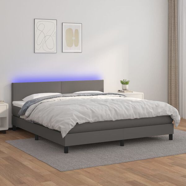 vidaXL Box spring postelja z vzmetnico LED siva 160x200cm umetno usnje