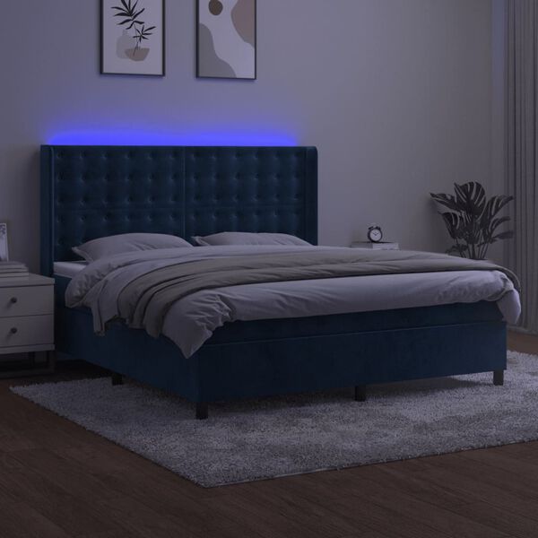 vidaXL Box spring postelja z vzmetnico LED temno modra 180x200cm žamet
