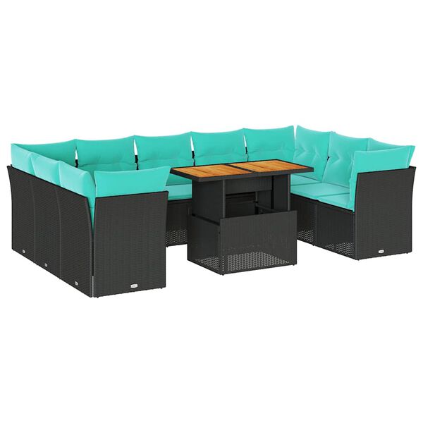 vidaXL Vrtna sedežna garnitura 10-delna z blazinami črn poli ratan