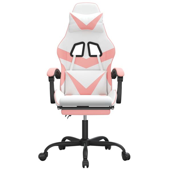 vidaXL Vrtljivi gaming stol z oporo za noge belo in roza umetno usnje