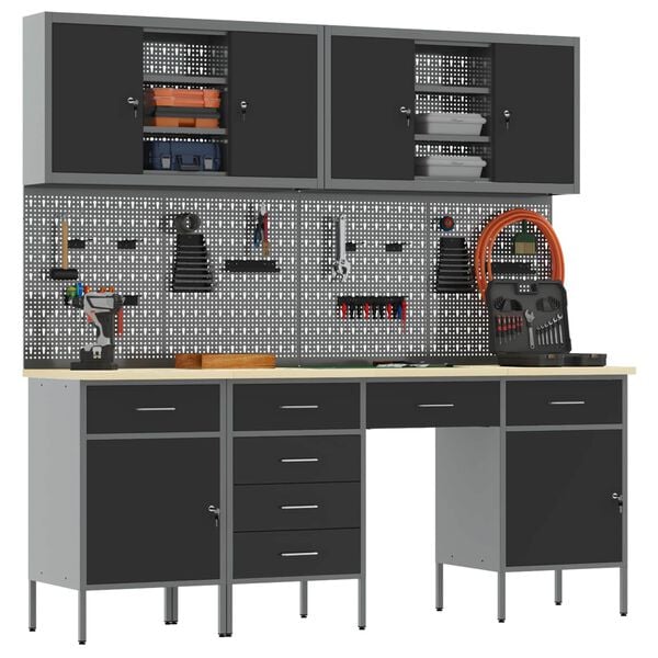 vidaXL Delovna omara s predalom 10 pcs Črna Inženirski les in jeklo