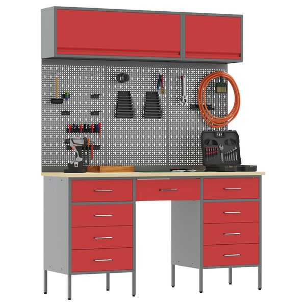 vidaXL Set delovnih omar s predalom s shranjevanjem 8 pcs Rdeča