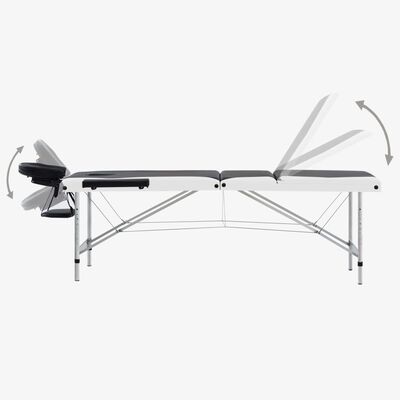 vidaXL 3-conska zložljiva masažna miza aluminij črna in bela