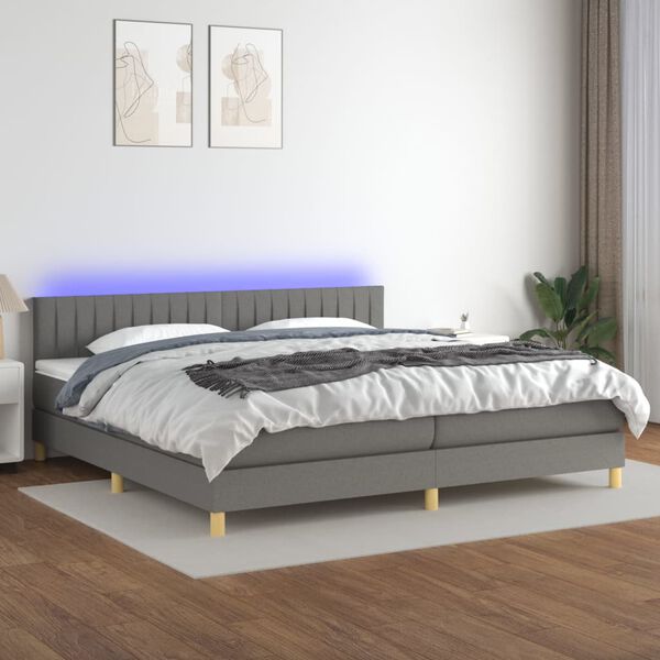 vidaXL Box spring postelja z vzmetnico LED temno siva 200x200 cm blago