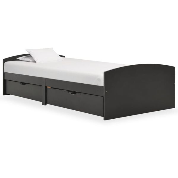 vidaXL Posteljni okvir z 2 predaloma siva trdna borovina 90x200 cm