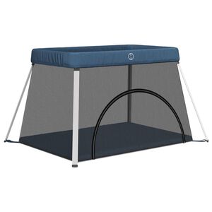 vidaXL Otroška stajica z vzmetnico mornarsko modra lanena tkanina