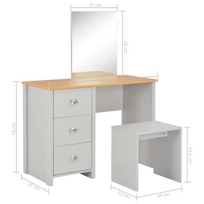 vidaXL Toaletna mizica z ogledalom in stolčkom siva 104x45x131 cm