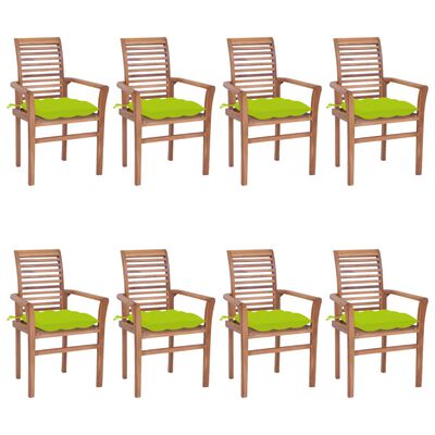 vidaXL Jedilni stoli 8 kosov s svetlo zelenimi blazinami tikovina
