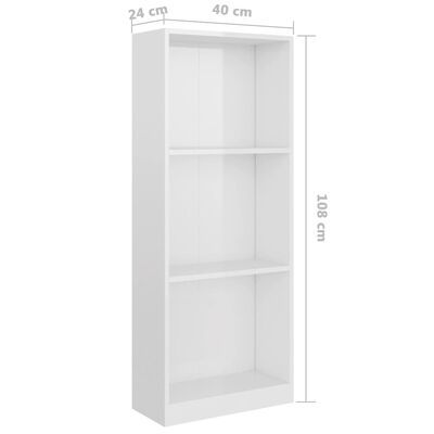 vidaXL Knjižna omara 3-nadstropna visok sijaj bela 40x24x108 cm