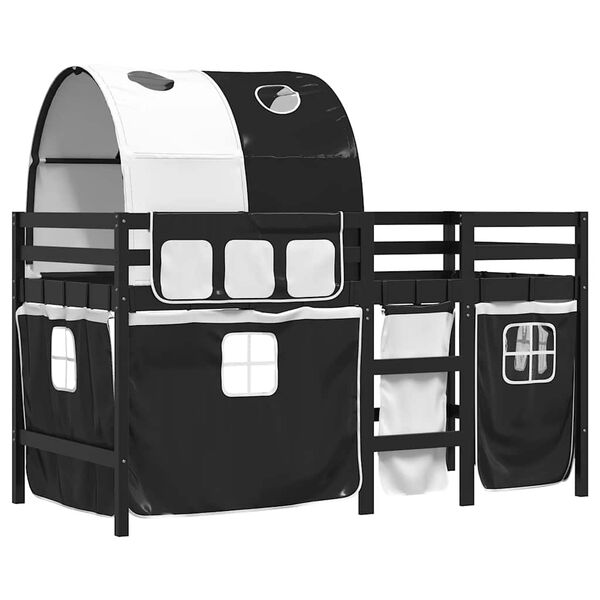 vidaXL Otroški pograd s tunelom bel in črn 90x200 cm trdna borovina