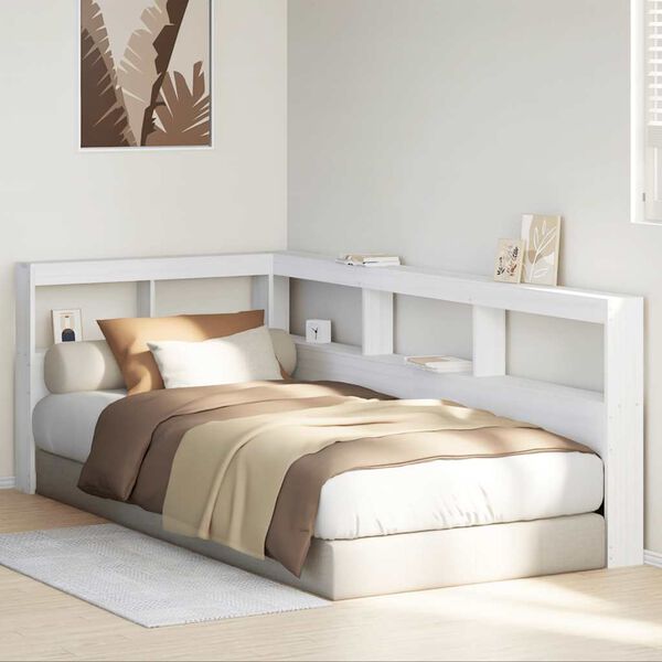 vidaXL Knjižnica vzglavje L-oblike bela 90 cm trdna borovina