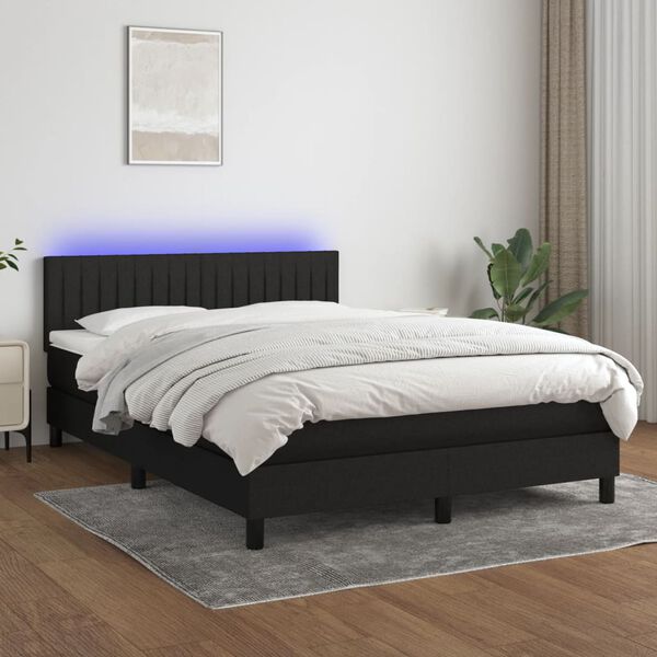 vidaXL Box spring postelja z vzmetnico LED črna 140x200 cm blago