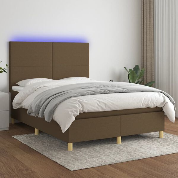 vidaXL Box spring postelja z vzmetnico LED temno rjava 140x200cm blago