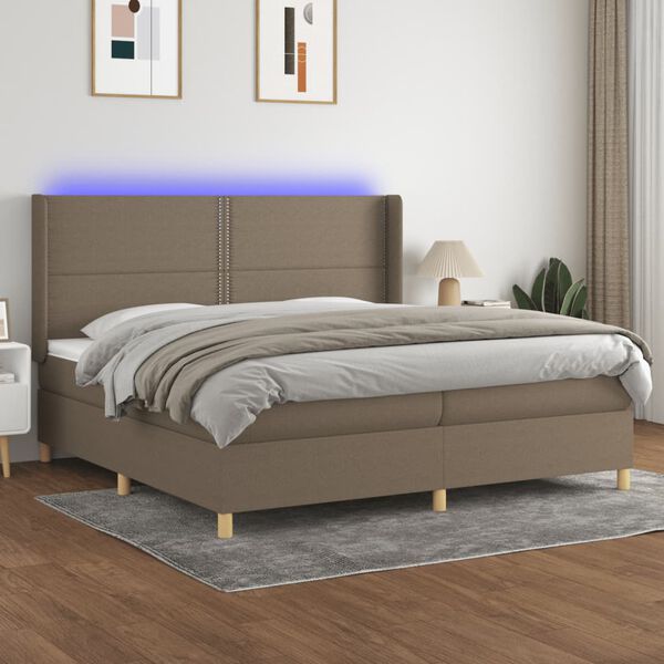 vidaXL Box spring postelja z vzmetnico LED taupe 200x200 cm blago
