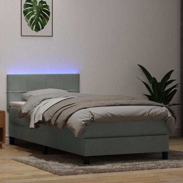 vidaXL Box spring postelja z vzmetnico LED svetlo siva 80x220 cm žamet