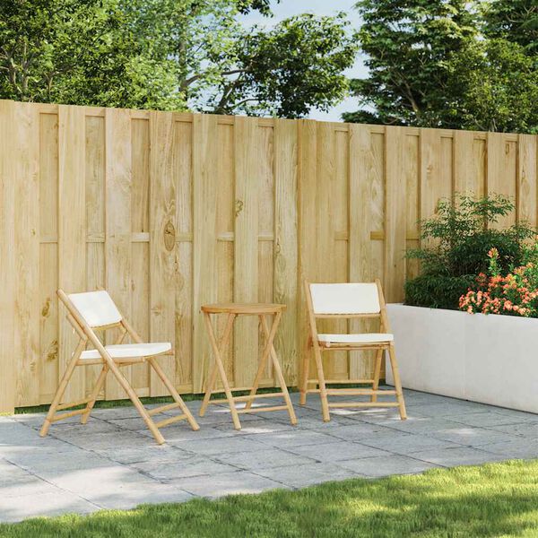 vidaXL Zložljiva bistro garnitura 3 kosi kremno bele blazine bambus