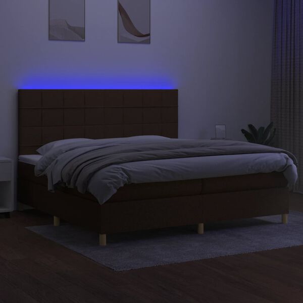 vidaXL Box spring postelja z vzmetnico LED temno rjava 200x200cm blago