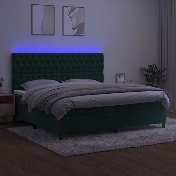 vidaXL Box spring postelja z vzmetnico LED tem. zelena 200x200cm žamet