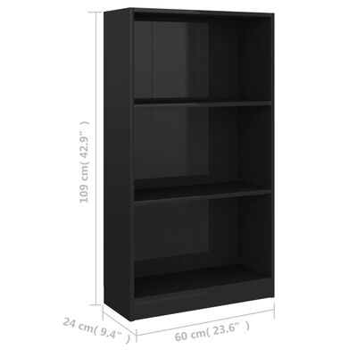 vidaXL Knjižna omara 3-nadstropna visok sijaj črna 60x24x109 cm