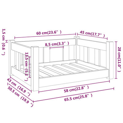 vidaXL Pasja postelja črn 65,5x50,5x28 cm trdna borovina