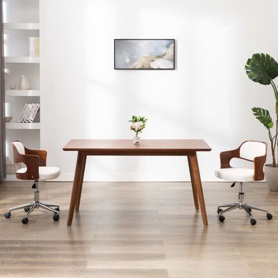 vidaXL Vrtljiv pisarniški stol bel ukrivljen les in umetno usnje