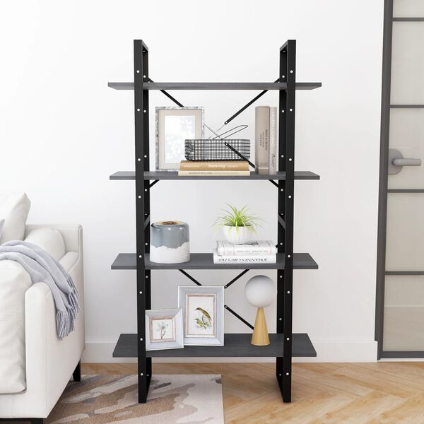 vidaXL Knjižna omara 4-nadstropna siva 80x30x140 cm trdna borovina