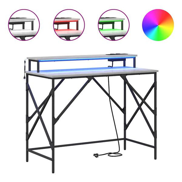 vidaXL Miza z LED lučmi Siva Sonoma 100 x 50 x 86,5 cm Konstruiran les