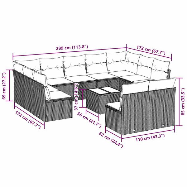 vidaXL Vrtna sedežna garnitura 12-delna z blazinami siva poli ratan
