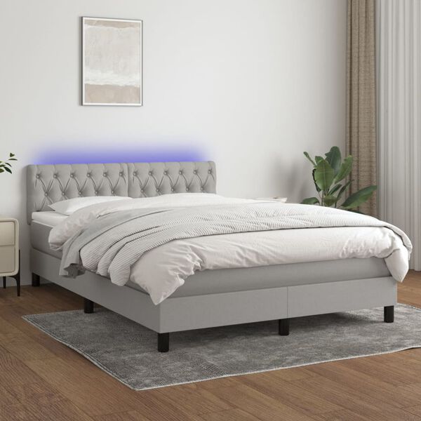 vidaXL Box spring postelja z vzmetnico LED sv. siva 140x200 cm blago