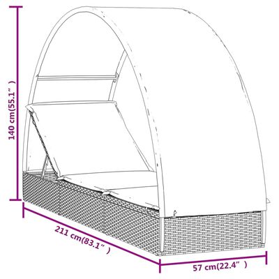 vidaXL Vrtna postelja s streho siva 211x57x140 cm poli ratan