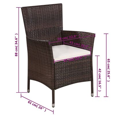 vidaXL Zunanji stol in stolček z blazinami poli ratan rjave barve